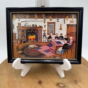 Charles Wysocki Folk Art Print Framed Wood “The Flag Makers” small 5 x 7 patriot